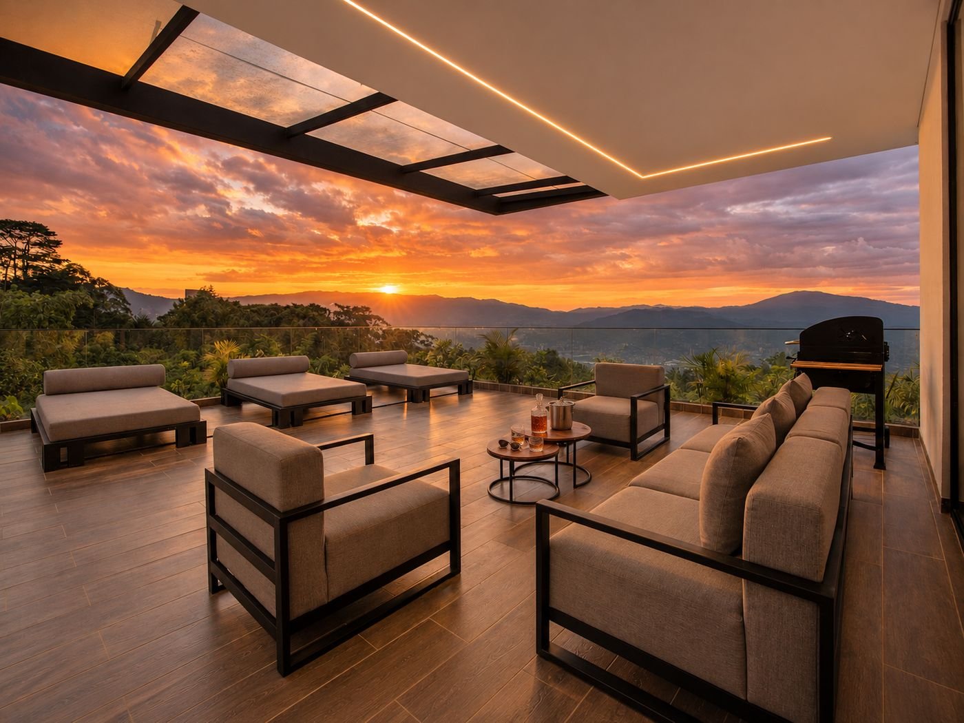 Terraza con techo de vidrio, salas y BBQ en la Night Lounge Villa
