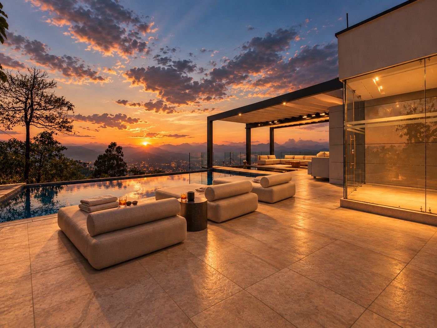 Terraza cubierta junto a la piscina con salas lounge en Villa Merlot y vista a Medellín al atardecer